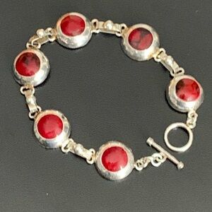 RARE - Vintage Mexican 925 Sterling Silver Red Coral Bracelet.  7.1/2” - 15g